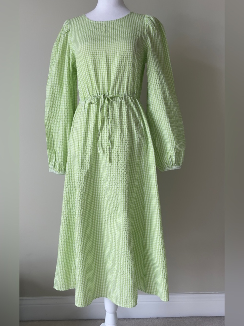 Monki Light Green Gingham Long-Sleeve Midi Dress Size XS EUC